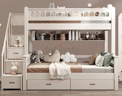 White Wooden Bunk Bed with Storage Stairs and Drawers – Good Condition