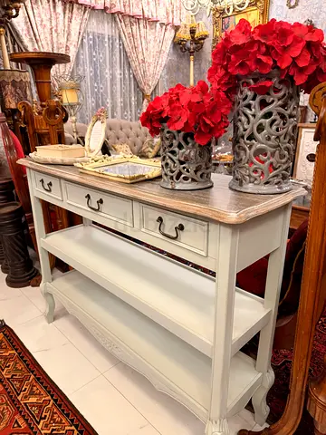 Wooden Console Table with Open Shelves and Drawers - Rustic White Finish