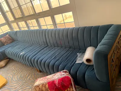 Large Velvet Channel-Tufted L-Shaped Sofa - Blue/Teal