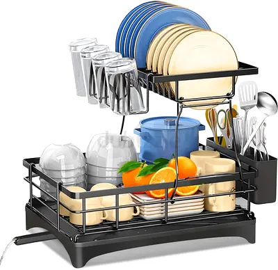 2-Tier Stainless Steel Dish Drying Rack with Drain Tray – Black