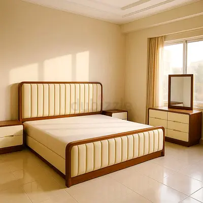 Solid Wood Frame Double Bed with Matching Nightstands and Dresser - Cream Upholstery