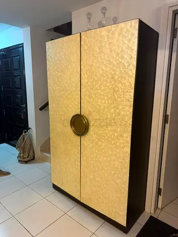 Two-door decorative wardrobe / armoire - dark frame with textured cream doors
