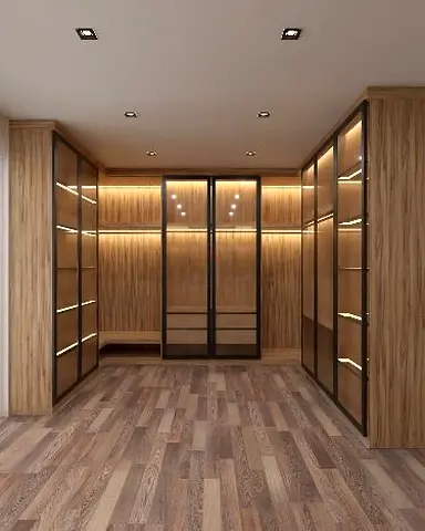 Modern Wooden Walk-in Wardrobe with LED Lighting and Glass Doors