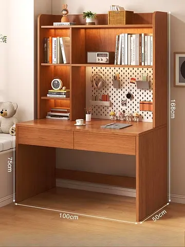 Wooden Study Desk with Overhead Bookshelf and Drawers - 100x50cm
