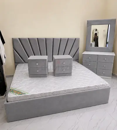 Brand New king size Grey Upholstered Bed Frame with Mattress, 2 Nightstands and Dresser with Mirror