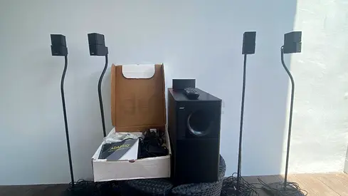 5.1 Surround Sound Speaker System with Subwoofer and Stands - Good Working Condition