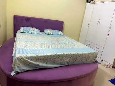 Round Purple Upholstered Double Bed with Headboard