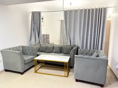 Grey 5 seater Sofa Set with Armchair and Marble-Top Coffee Table