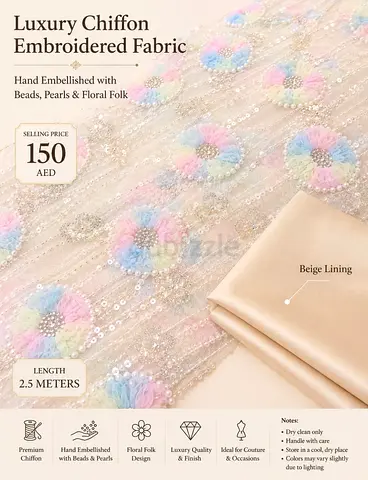 Luxury Embroidered Chiffon Fabric with Beads  Pearls - 2.5m (Beige Lining)