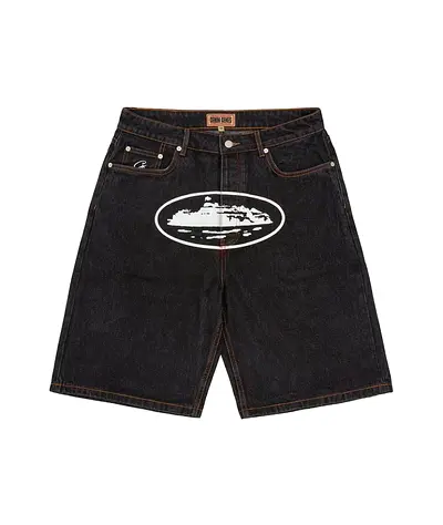 Black Denim Cargo-Style Shorts with Front Print - Size L