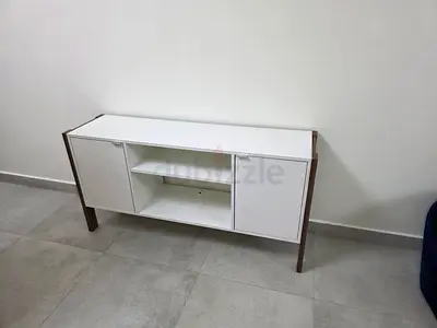 White tv unit with Open Shelves and Wood Frame