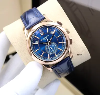 Patek Philippe style mens blue dial chronograph Super Master Copy watch with blue leather strap