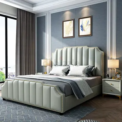 Modern Upholstered Bed Frame with Fluted Headboard and Footboard