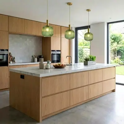 Solid Oak Kitchen Island with Marble Top - Modern Minimalist