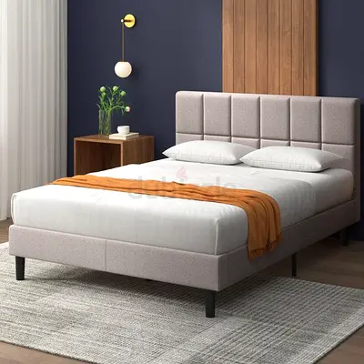 Queen upholstered bed frame with padded headboard - light grey