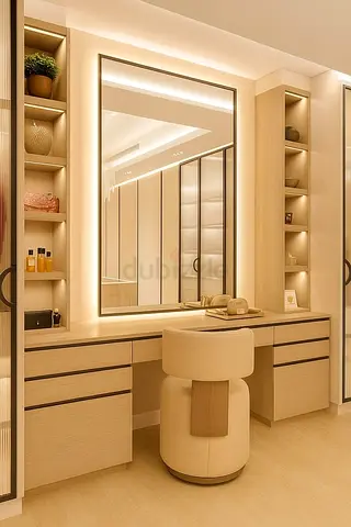 Light Wood Dressing Table with Built-in Shelves and LED Mirror