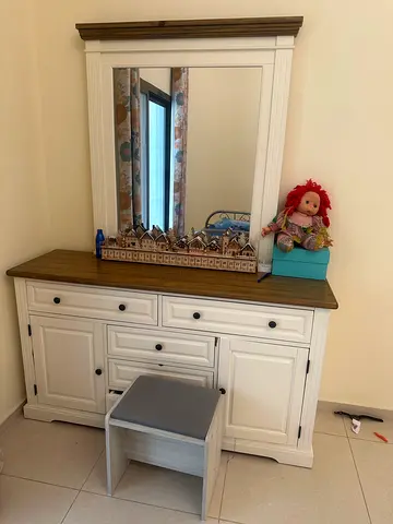 Bed/Solid Wood Nightstand / Bedside Table with Drawers - White Base, Wood Top Dresser with stool.