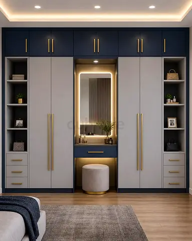 Built-in Wardrobe with Vanity Mirror — Navy  Grey, Gold Handles