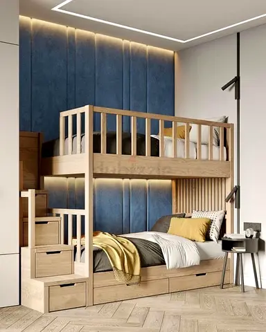 Modern Wooden Bunk Bed with Integrated Storage Stairs