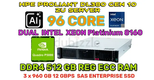 96 CORES+512GB RAM-16 NVIDIA QUADRO P5000-HP PROLIANT DL380 GEN10 SERVER-3X SAS ENTERPRISE 960GB SSD