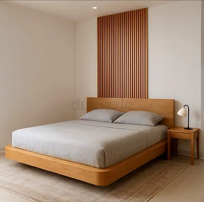 Minimal Oak Platform Bed with Headboard and Nightstand