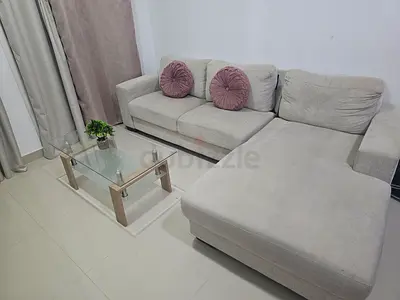 Light grey L-shaped fabric sofa with chaise, 3-seater