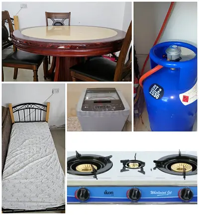 Used dining table set, single bed, washing machine, gas cylinder and stove - bundle