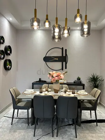 Modern Marble Dining Table with 6 Grey Chairs