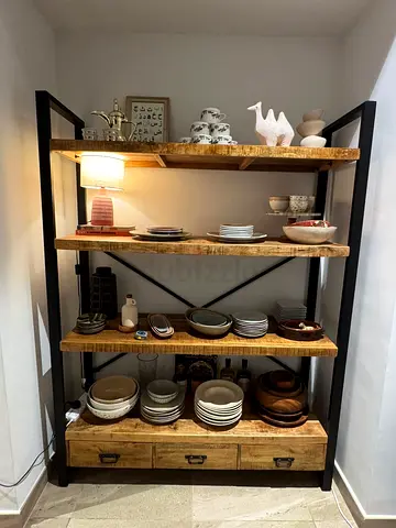 Solid Wood Shelving Unit with Metal Frame - 4 Tier Display Shelf