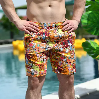 Mens Cartoon Print Swim Shorts - Size L (Elastic Waist)