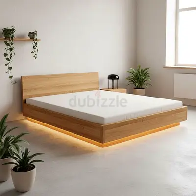 Modern Low Wooden Platform Bed with LED Base