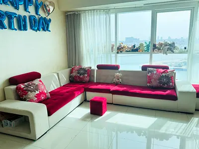 L SHAPED RED AND CREAM COMBO EXCELLENT SOFA