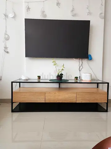 Modern Oak TV Unit with Black Metal Frame - Excellent Condition like new