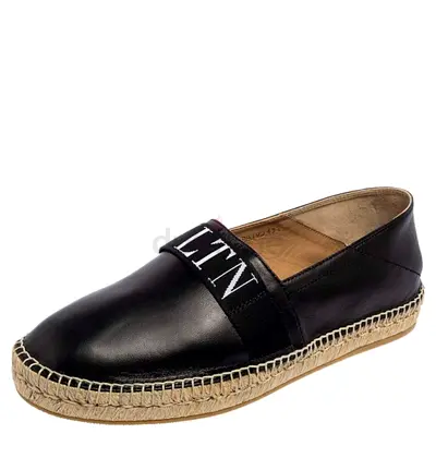Original Valentino Black Leather VLTN Slip On Espadrille Flats Size EU 43.5