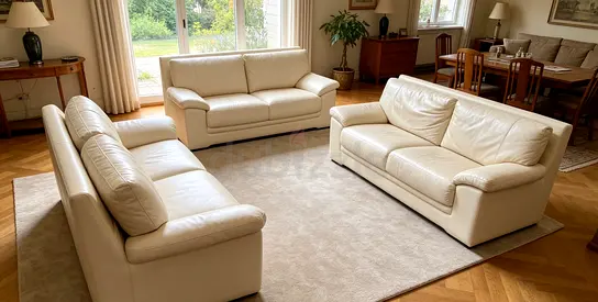 Set 3+2+2 Cream Leather Sofas — Good Condition