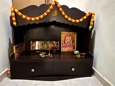 Wooden Pooja Mandir with Storage Drawers - Dark Finish