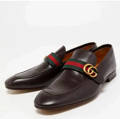Original Gucci Brown Leather GG Marmont Web Loafers Size 46