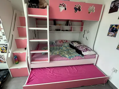 White wooden Trio bunk bed with stairs. Under- bed drawer used for storage or bed+ 2 mattresses.