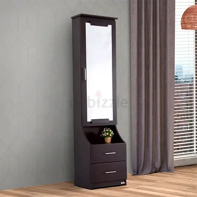 Slim mirrored wardrobe with drawers - dark brown