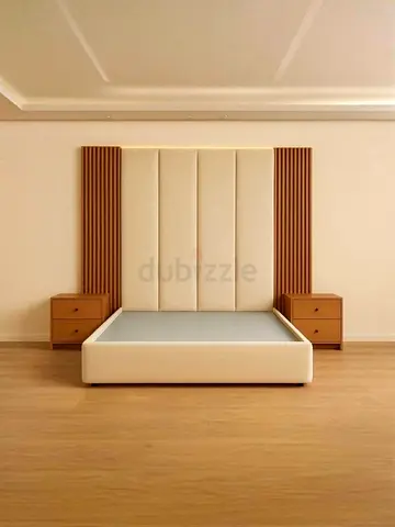 Minimalist King Size Bed Frame with Upholstered Headboard and Attached Nightstands