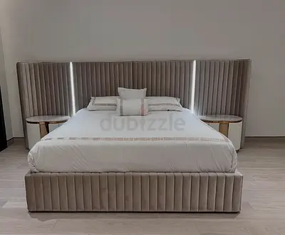 King Size Upholstered Bed with Integrated Padded Headboard and Side Tables