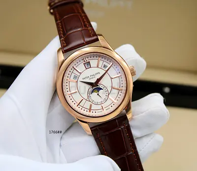 Patek Philippe Mens Rose Gold Moonphase Automatic Super Master Copy Watch with Brown Leather Strap