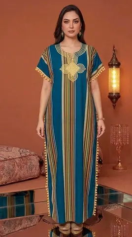 Traditional striped Moroccan kaftan dress with embroidery