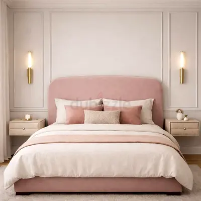 Modern Pink Velvet Bed Frame and Headboard