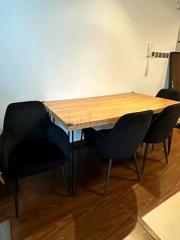 Modern Dining Set with Wooden Table and Four Black Velvet Chairs