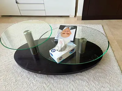 Modern Glass  Wood Oval Coffee Table with Twin Glass Tops