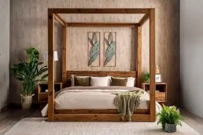 Solid Wood Four-Poster King Bed with Built-in Side Tables. King size