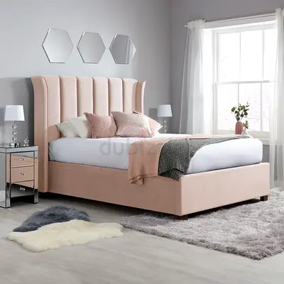 Upholstered Velvet King Bed with Winged Channel Headboard - Blush Pink