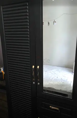 Dark Wood 2-Door Wardrobe with Mirror and Drawers