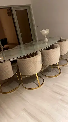 Marble-top dining table with 6 beige velvet chairs (modern set)